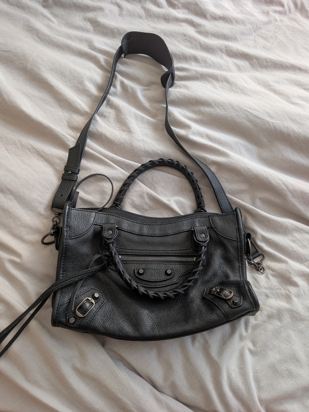 Black Women's motorcycle city Leather Satchel Bag with Braided Handle